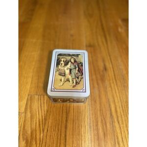 Vintage Tin Box With Girl & St. Bernard‎ Dog Print Blue Trim Nostalgic